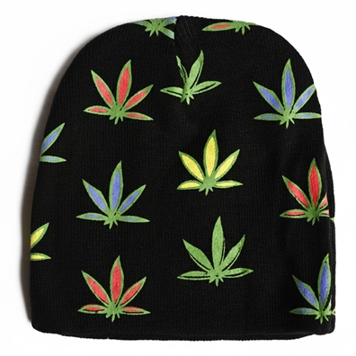 Multi Color Marijuana Leaf Pattern Beanie