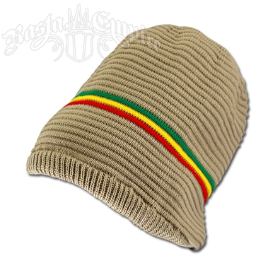 Oversized Beanie Cap - Khaki/Rasta Stripe