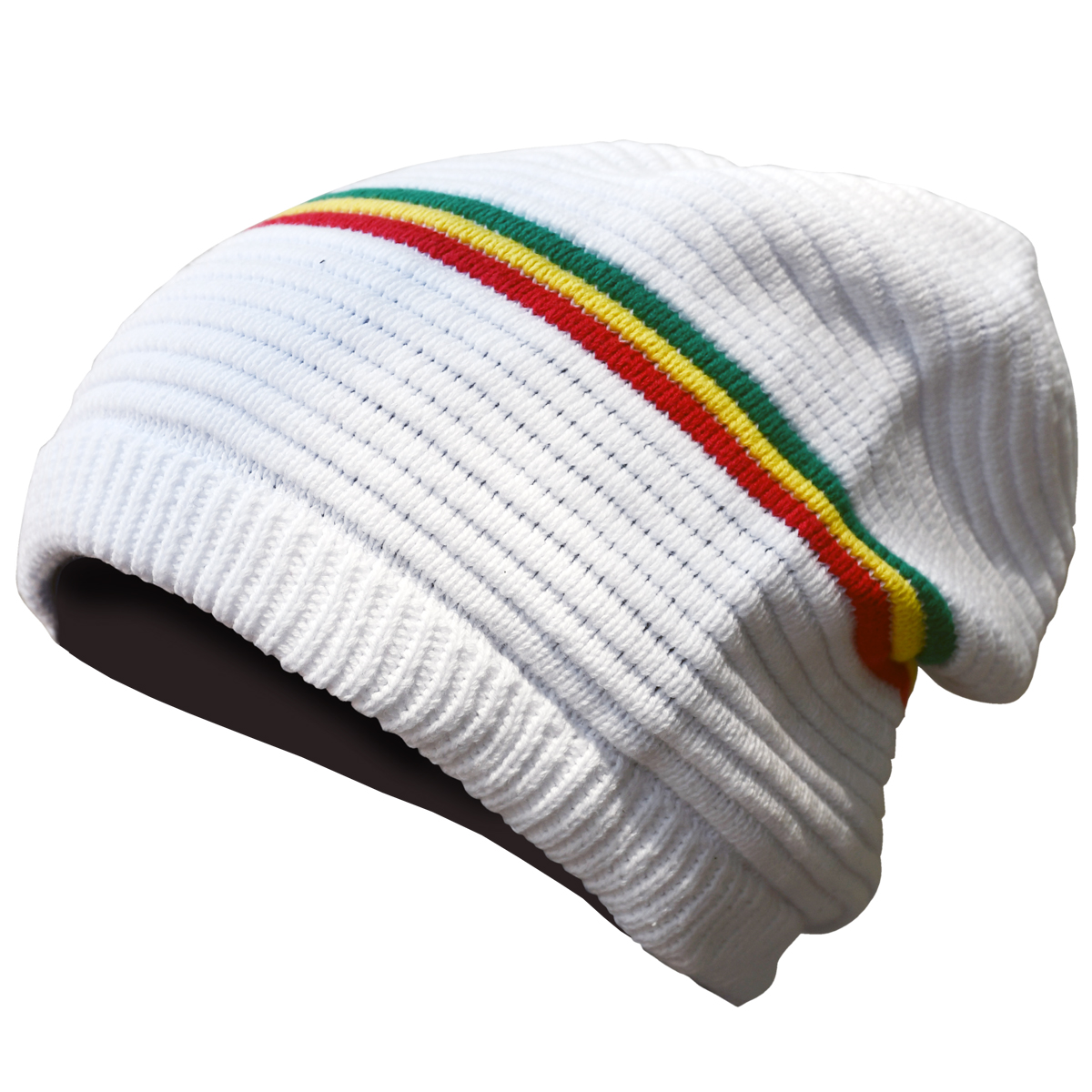 OVERSIZED BEANIE CAP - WHITE/RASTA STRIPE