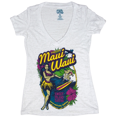 Seven Leaf Maui Waui Burnout Deep V-Neck White Shirt – Women’s